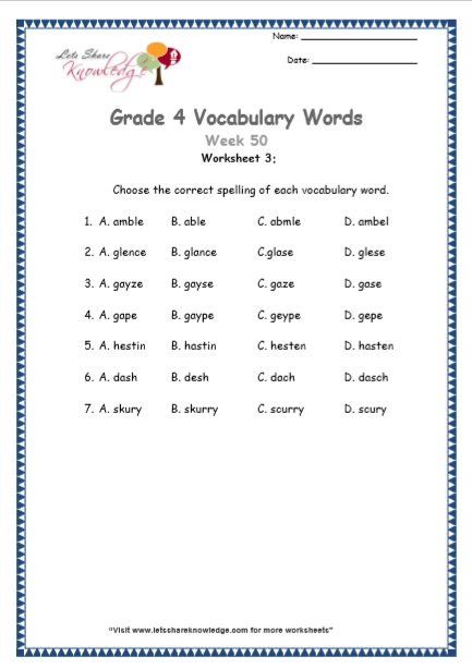  Grade 4 Vocabulary Worksheets Week 50 worksheet 3