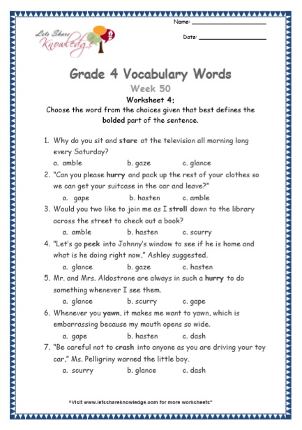  Grade 4 Vocabulary Worksheets Week 50 worksheet 4
