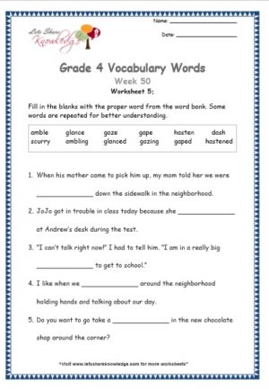 Grade 4: Vocabulary Worksheets Week 50
