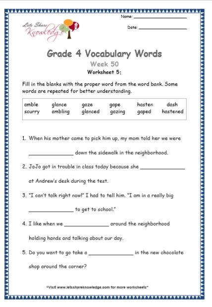 Grade 4: Vocabulary Worksheets Week 50