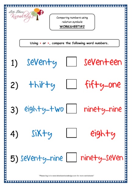  Kindergarten Comparing Numbers words in Sentences Printable Worksheets 