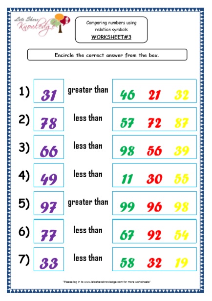 Kindergarten Comparing Numbers Printable Worksheets