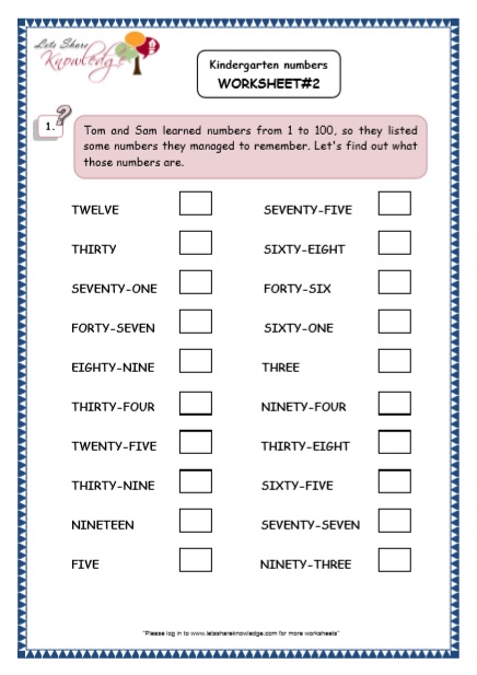  Kindergarten Numbers words in Sentences Printable Worksheets 