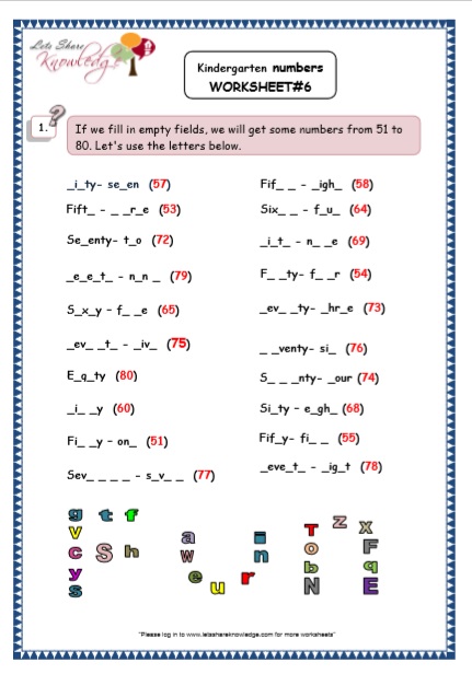 Kindergarten Number fill in the blanks Printable Worksheets