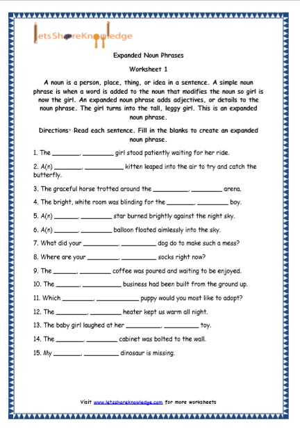 grade 5 english resources printable worksheets topic expanded noun phrases lets share knowledge