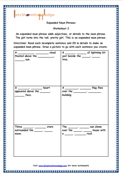  Grade 5 English Resources Printable Worksheets Topic: Expanded Noun Phrases Printable Worksheets 
