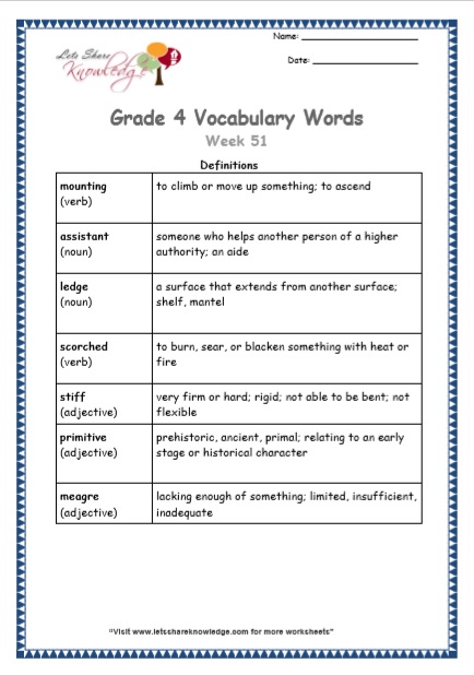 Grade 4 Vocabulary Worksheets Week 51 definitions