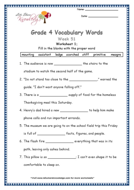 Grade 4 Vocabulary Worksheets Week 51 worksheet 1