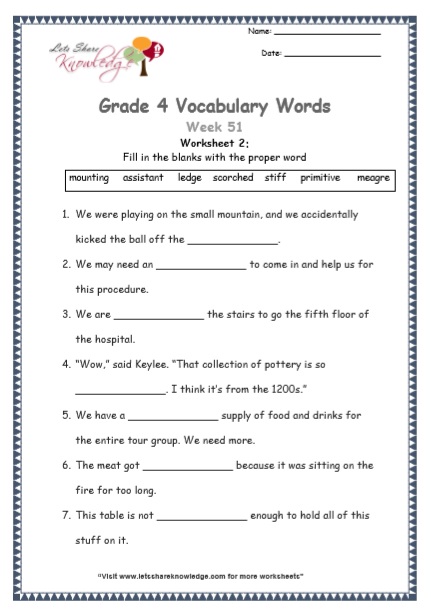 Grade 4: Vocabulary Worksheets Week 51