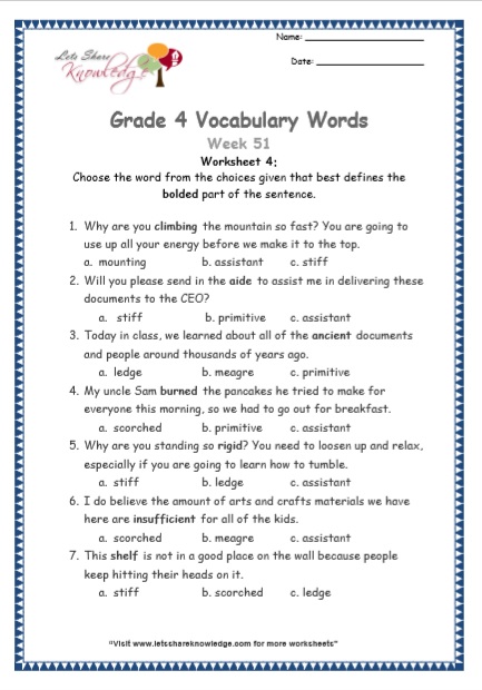  Grade 4 Vocabulary Worksheets Week 51 worksheet 4