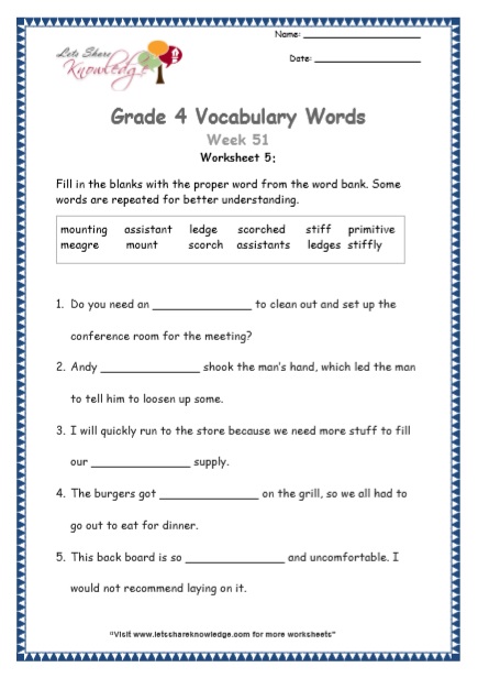  Grade 4 Vocabulary Worksheets Week 51 worksheet 5