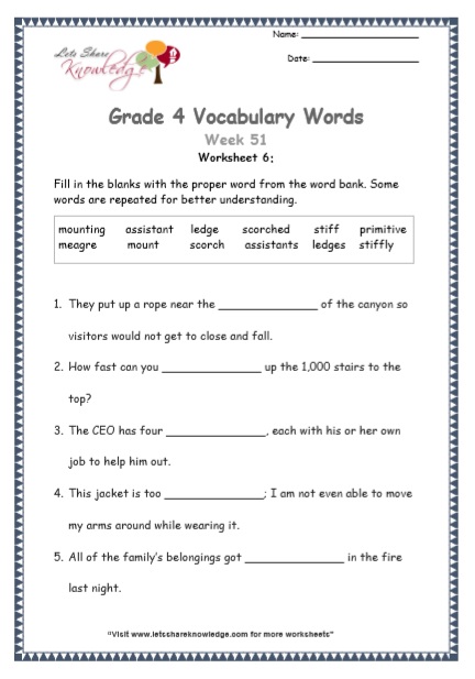  Grade 4 Vocabulary Worksheets Week 51 worksheet 6
