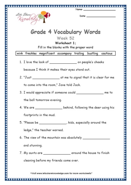 Grade 4 Vocabulary Worksheets Week 52 worksheet 1