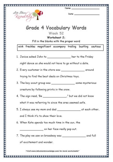 Grade 4: Vocabulary Worksheets Week 52