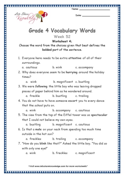  Grade 4 Vocabulary Worksheets Week 52 worksheet 4