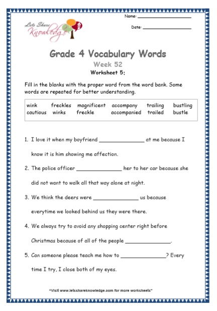  Grade 4 Vocabulary Worksheets Week 52 worksheet 5
