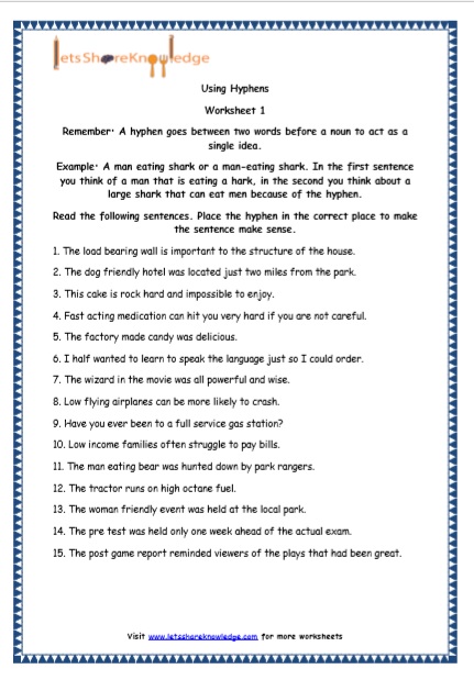  Grade 5 English Resources Printable Worksheets Topic: Hyphens Printable Worksheets Worksheet
