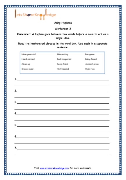  Grade 5 English Resources Printable Worksheets Topic: Hyphens Printable Worksheets Worksheets
