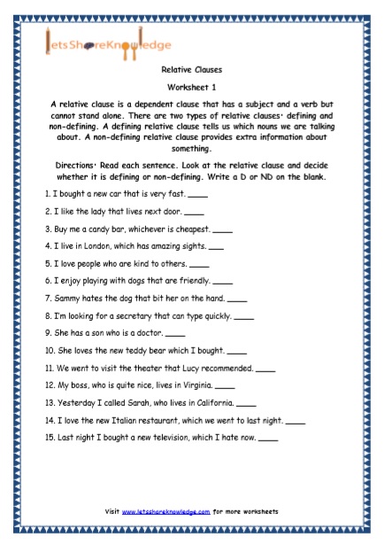 Grade 5 English Resources Printable Worksheets Topic: Relative Clauses