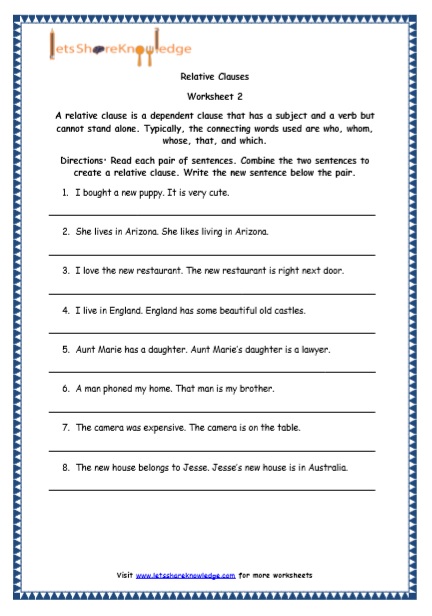  Grade 5 English Resources Printable Worksheets Topic: Relative Clauses Printable Worksheets 