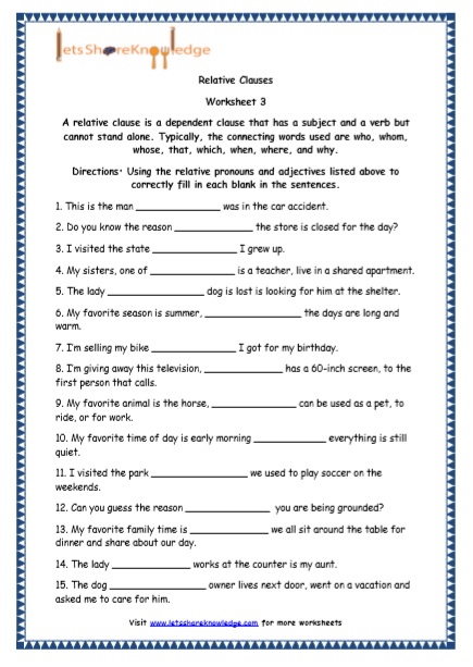  Grade 5 English Resources Printable Worksheets Topic: Relative Clauses Printable Worksheets Worksheets