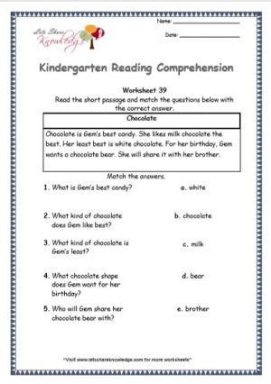 kindergarten reading comprehension printable worksheets