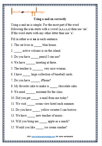 Grade 1 A and An grammar printable worksheet