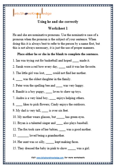 Grade 1 He and She grammar printable worksheet