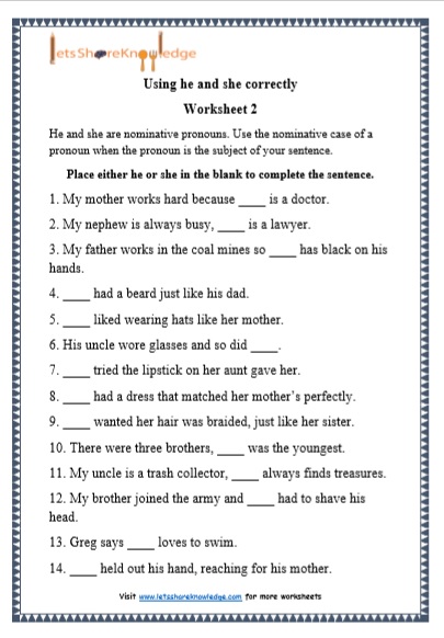 grade 1 he and she grammar printable worksheet
