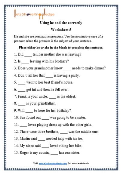 Grade 1 He and She grammar printable worksheet