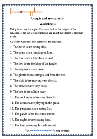 Grade 1 Is and Are grammar printable worksheet