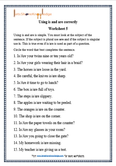 Grade 1 Is and Are grammar printable worksheet