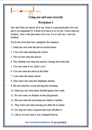grade 1 grammar saw and seen printable worksheets lets share knowledge