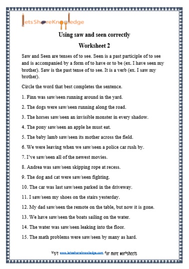 grade 1 grammar saw and seen printable worksheets lets share knowledge