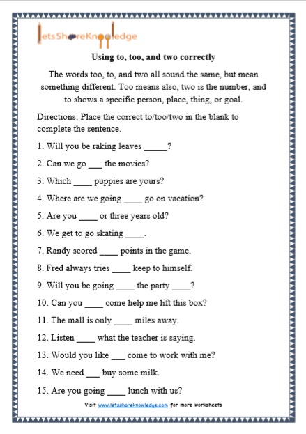 Grade 1 Grammar: Using to too and two printable worksheets Lets