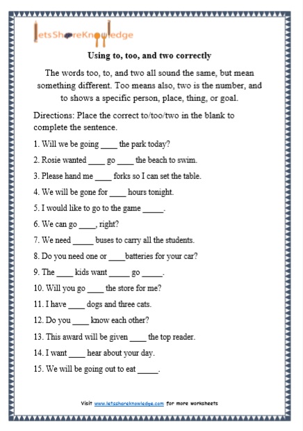 Grade 1 To, Too and Two grammar printable worksheet