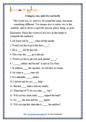 grade 1 to, too and two grammar printable worksheet