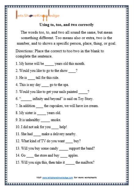 Grade 1 To, Too and Two grammar printable worksheet
