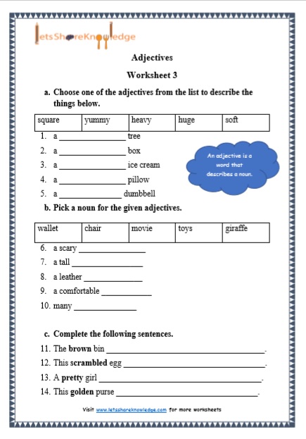Grade 1 Adjectives grammar printable worksheet