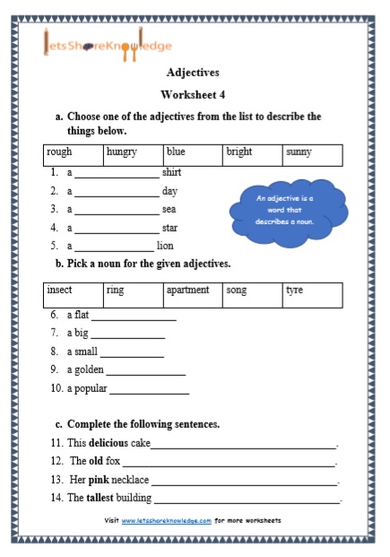 grade 1 adjectives grammar printable worksheets