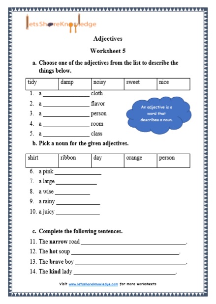 Grade 1 Adjectives grammar printable worksheet