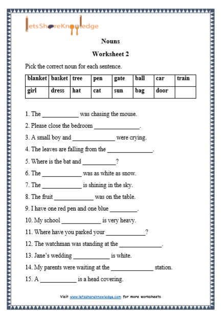 Class 1 English Grammar Worksheets With Answers