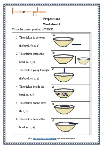 Grade 1 Prepositions grammar printable worksheet