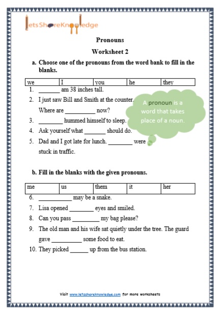 Grade 1 Pronouns grammar printable worksheet