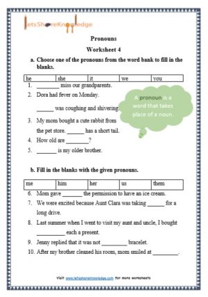 grade 1 pronouns grammar printable worksheet