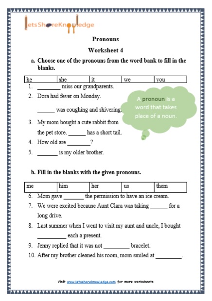 grade 1 grammar pronouns printable worksheets lets share knowledge