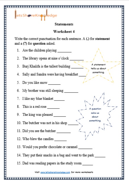 Grade 1 Statements grammar printable worksheet