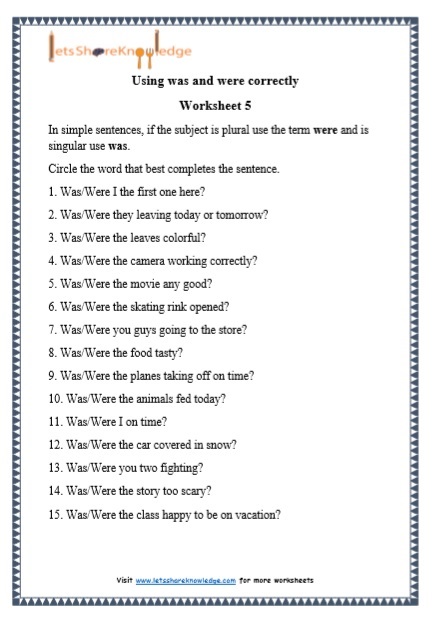 grade 1 grammar using was and were printable worksheets lets share knowledge