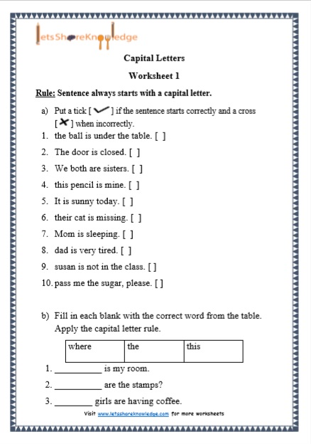 Grade 1 Capital Letters grammar printable worksheet