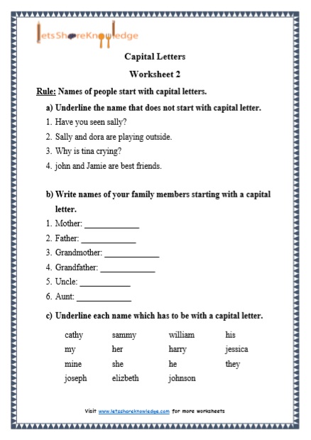 Grade 1 Capital Letters grammar printable worksheet